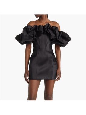House of CB Black Selena Puff Off-Shoulder Ruffle Mini Dress